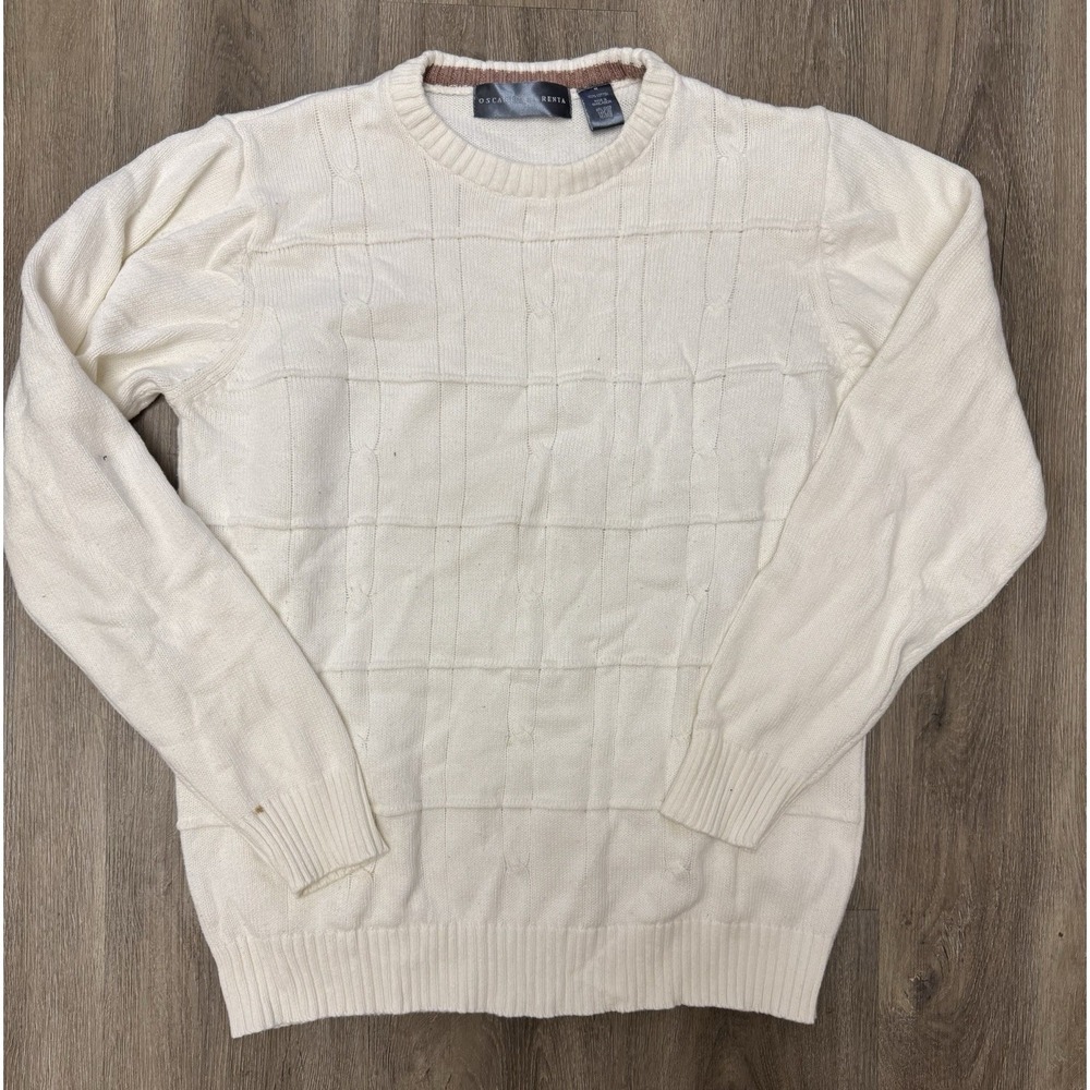 Oscar de la Renta Mens Cable Knit Sweater Cream Cotton Size M Stained